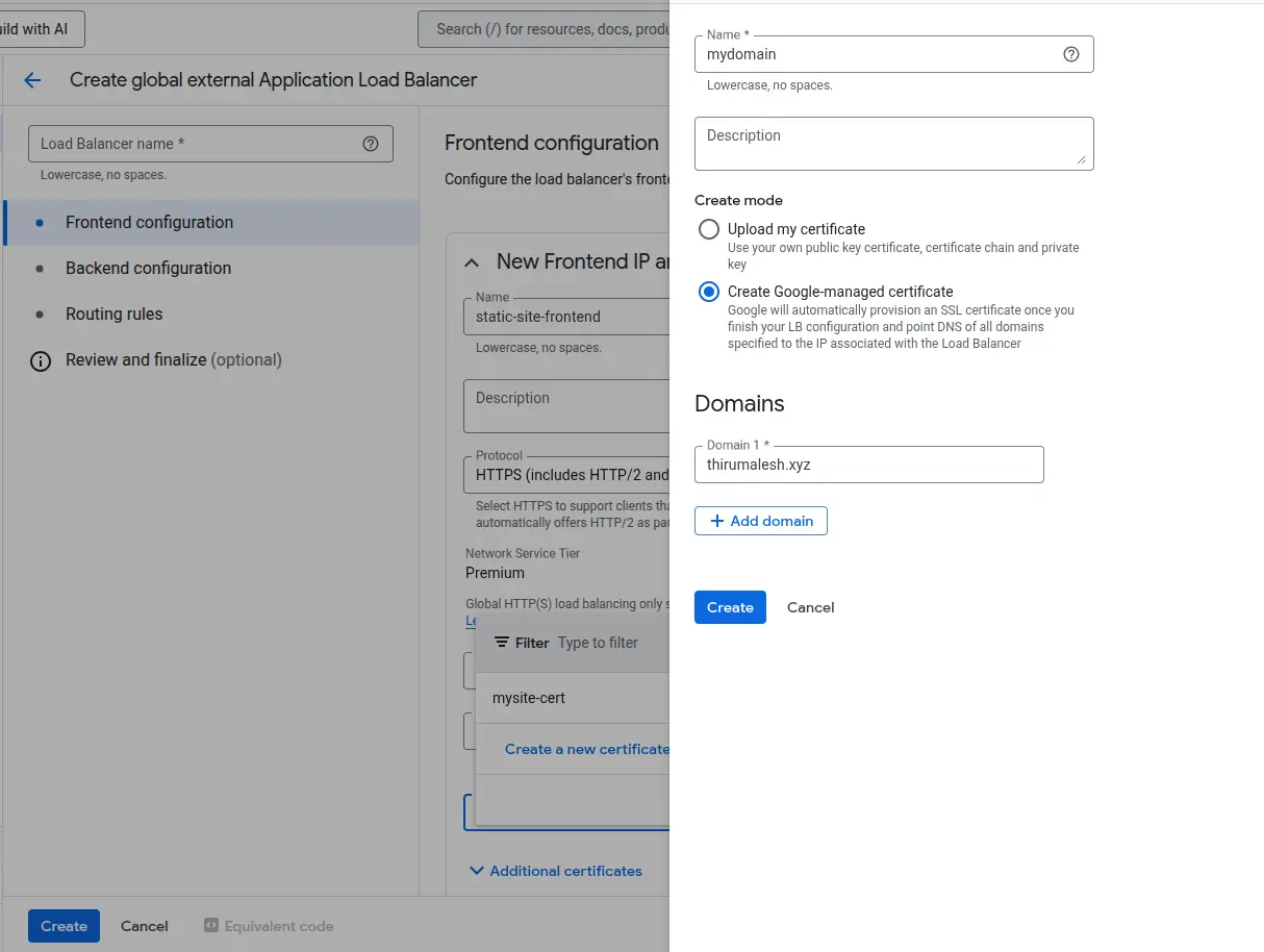 SSL certificate creation and domain configuration
