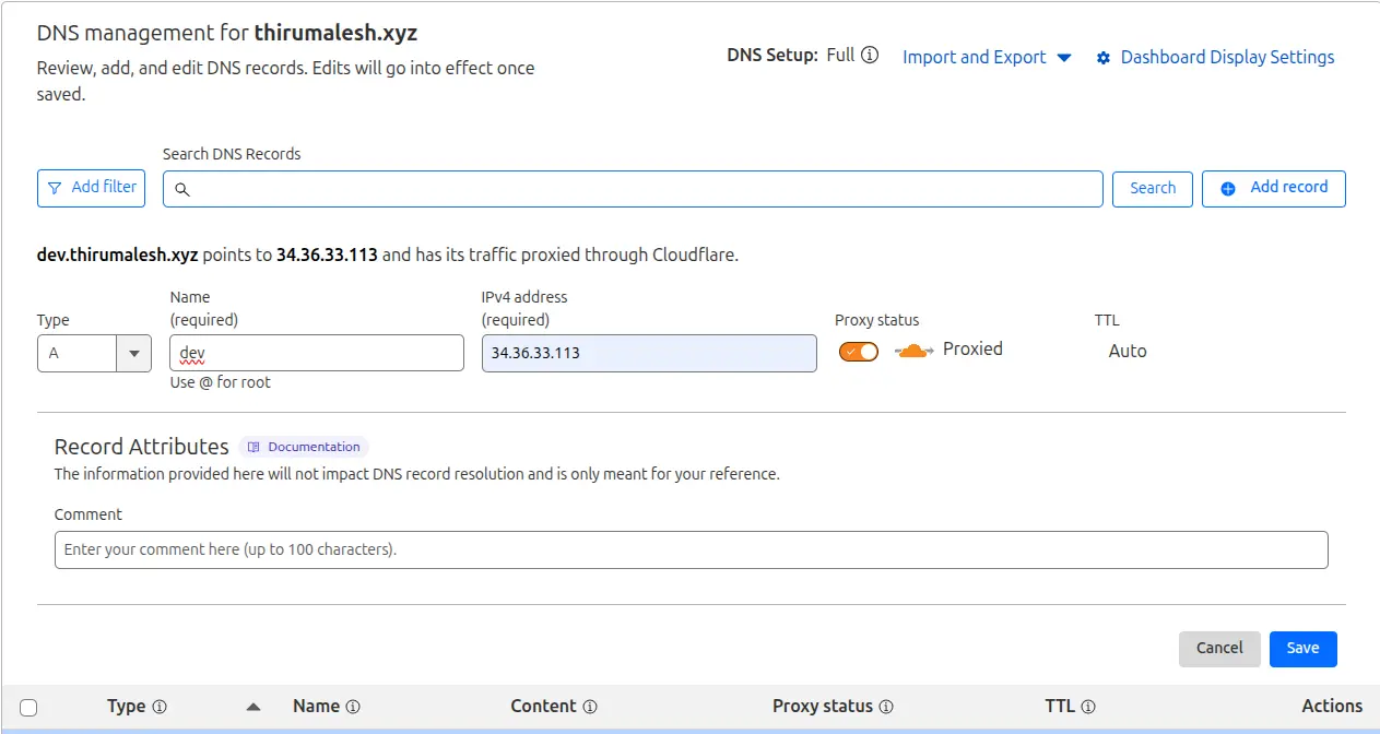 DNS A record configuration for load balancer IP address